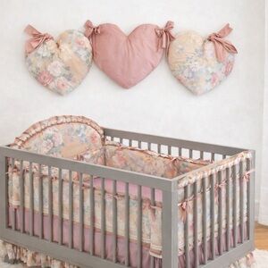 Vintage Floral Crib Bedding Set with Matching Wall Decor 🩷🤎🩶🤍